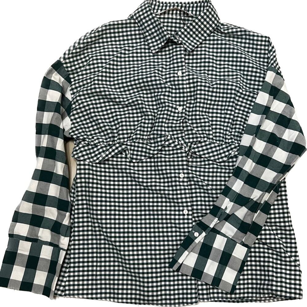 Zara Green Mixed Plaid Checkered Ruffle Detail Fall Button Down Blouse XS